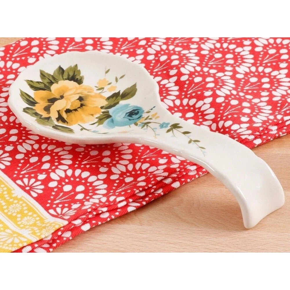 Pioneer Woman Rose Shadow Spoon Rest Yellow Blue Floral Stoneware Kitchen Gift